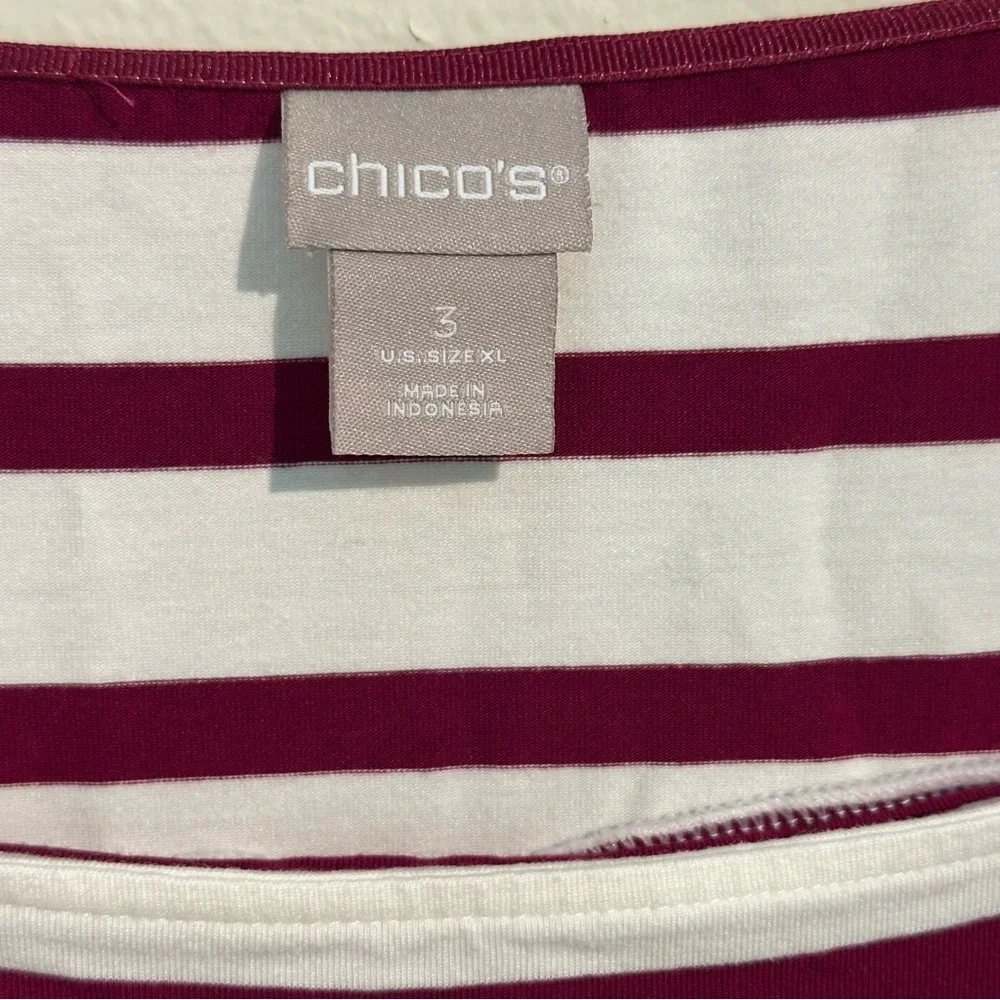 Chico's Burgundy and White 3/4 Sleeve Tie Blouse - Picture 2 of 4
